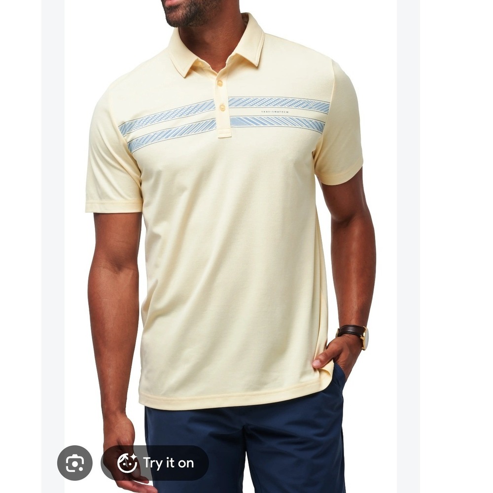 Travis mathew jetty jumper chest striped polo butter yellow medium golf preppy